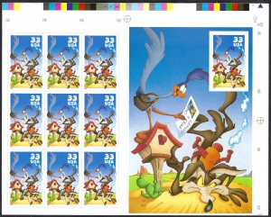 United States #3391v 33¢ Road Runner and Wily Coyote. Booklet pane of 10. MNH