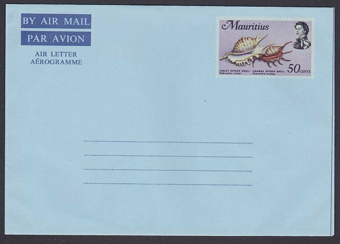 MAURITIUS QE 50c aerogramme - shells - unused - view Northern Coastline.....Q796