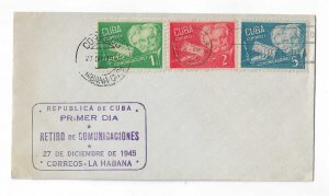 Cuba 1945 set of 3 on an unaddressed FDC with a purple boxed cachet