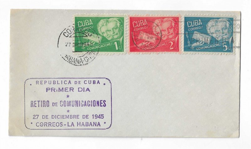 Cuba 1945 set of 3 on an unaddressed FDC with a purple boxed cachet