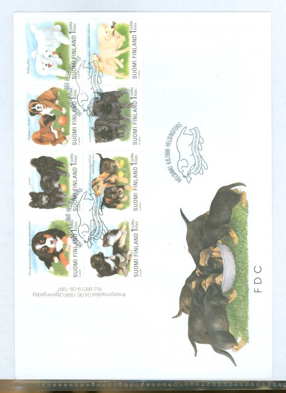 Finland 1086a 1998 Puppy Dogs (pane of eight) on an unaddressed, cacheted FDC