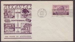 1936 Arkansas Centennial 100 yrs Sc 782-46 Bronesky cachet, unaddressed