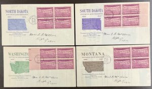 858 Grimsland cachet set of ND, SD, Montana & Washington FDCs 1939 w/Block of 4