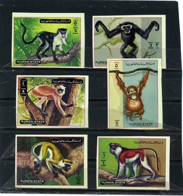 AJMAN 1973 WILD ANIMALS/MONKEYS SET OF 6 STAMPS IMPERF. MNH