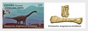 Spain 2023 JUVENIA Teruel Dinosaurs Aragosaurus Ischiaticus stamp with label MNH