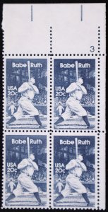 U.S. Mint Stamp Scott #2046 20c Babe Ruth Block, Plate #3. NH. Choice!