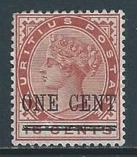 Mauritius #90 MH 16c Queen Victoria Surcharged One Cent