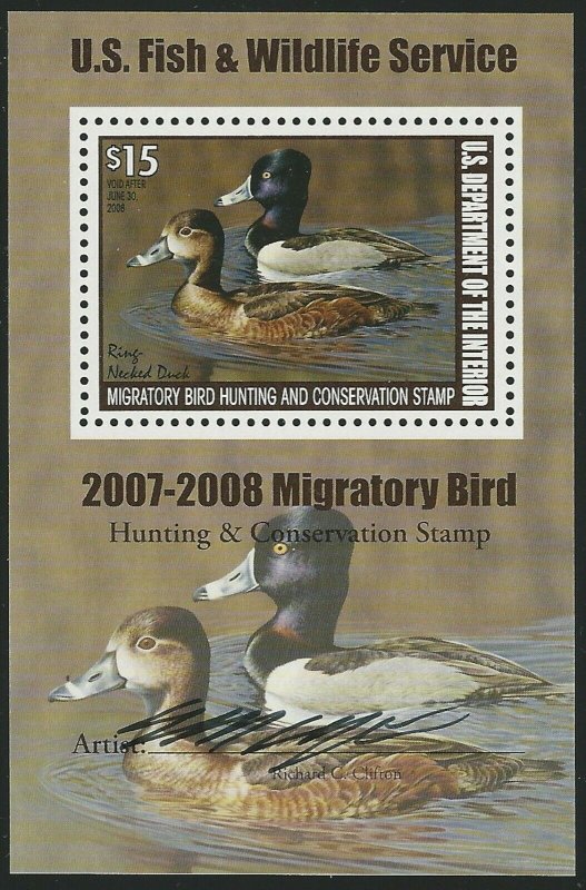 U.S., 2007, Scott #RW74b, $15.00 Ring Necked Duck, N.H., V.F., Signed by Artist 