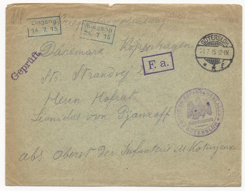 Germany Prisoners of War WWI Cover July 24, 1915 Gutersloh