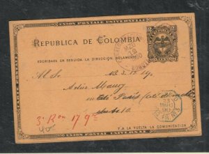 COLOMBIA 1890 2C POSTAL STATIONERY CARD SENT TO FRANCE   PO228A H