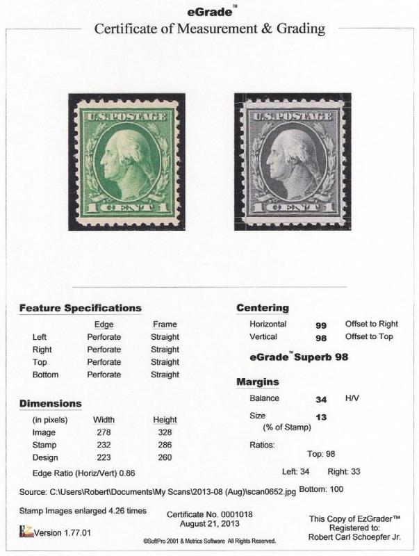 498 1 cent Washington Stamp mint OG NH EGRADED SUPERB 98 XXF