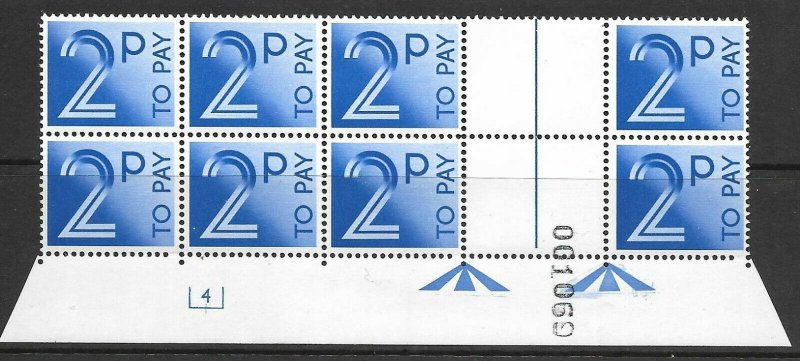 D91 2p 1982 Decimal Postage Due Cyl 4 block of 8 UNMOUNTED MINT