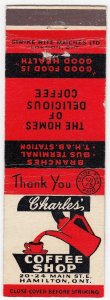 Canada Revenue 1/5¢ Excise Tax Matchbook CHARLES' COFFEE SHOP Hamilton, Ont.