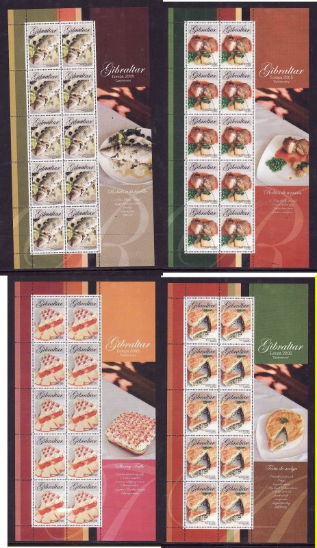 Gibraltar-Sc#1010-13-four unused NH sheets-Europa-Food-Gastronomy-2005-