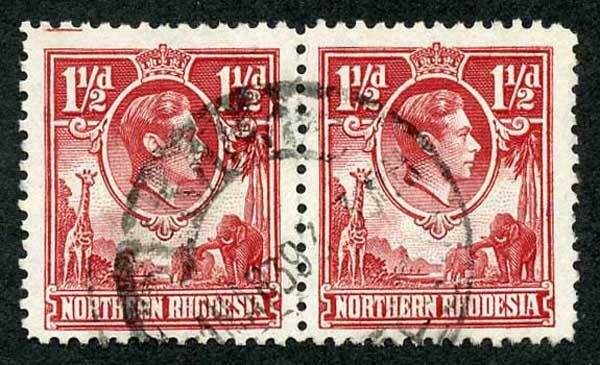 NORTHERN RHODESIA SG29/b 1938-52 1 1/2d carmine-red left stamp Tick bird flaw