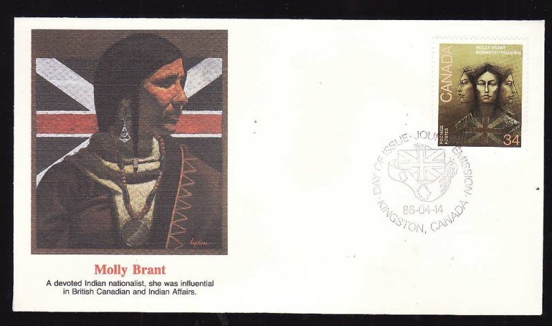 Canada-Sc#1091-stamp on Fleetwood FDC-Molly Brant-1986-colourful cachet