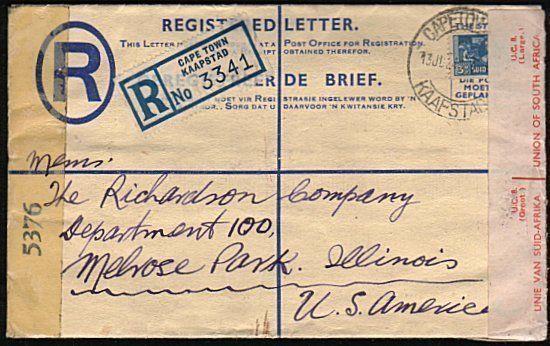 SOUTH AFRICA 1944 Double censor 4d Registered cover + 3d Bantam............44456