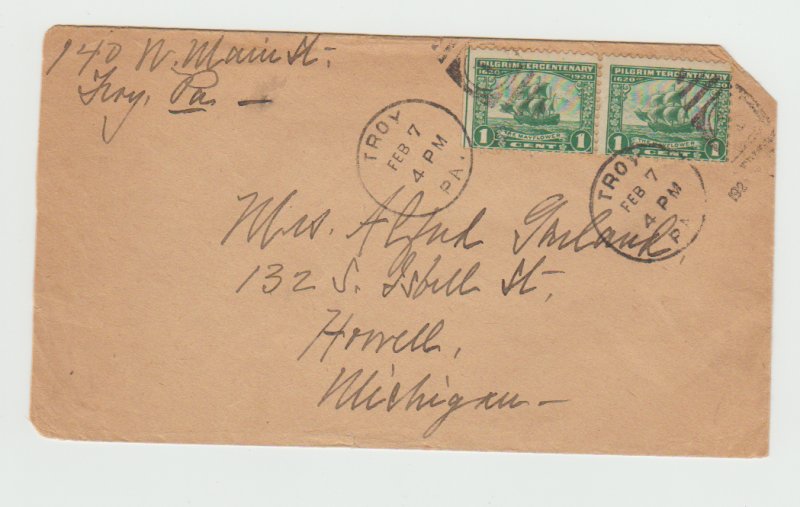 548 Pair on Cover Troy PA to Howell MI 02/07/1921 Disinfected Mail?