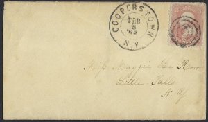 US 1865 CIVIL WAR PERIOD COVER COOPERSTOWN NY HOME OF THE NATIONAL BASEBALL HALL