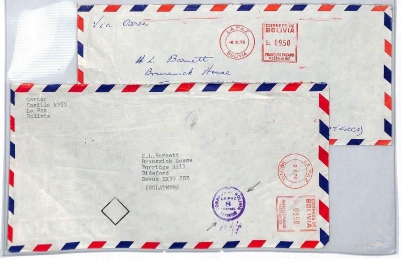 BOLIVIA Covers{2} *Control* CENSOR Commercial Air Mail La Paz GB 1978 BS188