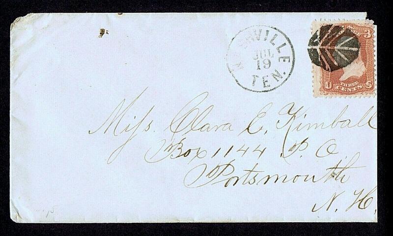 SC# 65 3c 1861 TIED BY FANCY LEAF CANCEL TO COVER, NASHVILLE TEN. JUL 19 PMK