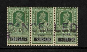 India 1923 4A Insurance Rev. Specimen Strip of 3 MH / 2 NH / Toned Gum - S1919