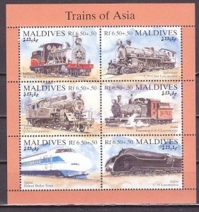 Maldives, Scott cat. 1981. Trains of Asia sheet of 6.