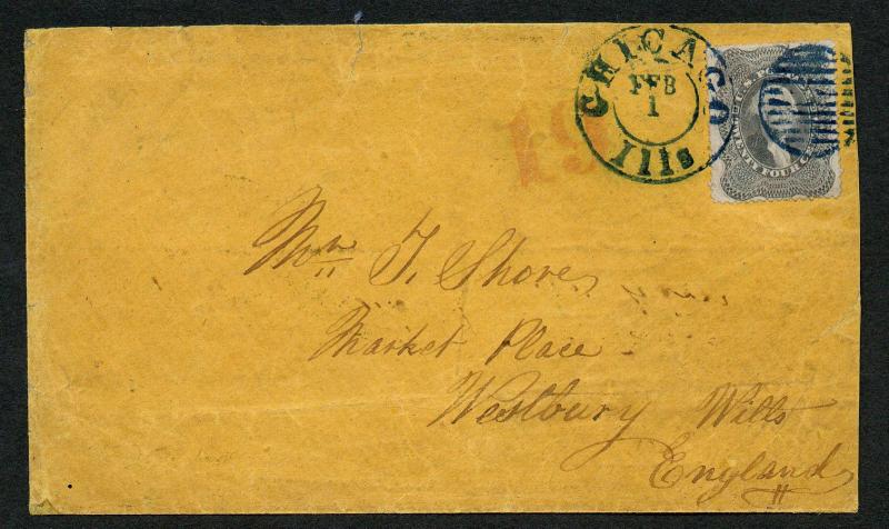 US Scott #37 VF Tied By Blue Grid & Chicago IL Feb 1 1861 CDS Red 19 to England