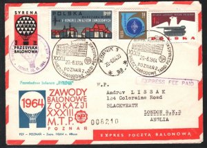 POLAND *BALLOON MAIL* Cover Poznań *SYRENA* GB London Air Mail 1964 MA1481