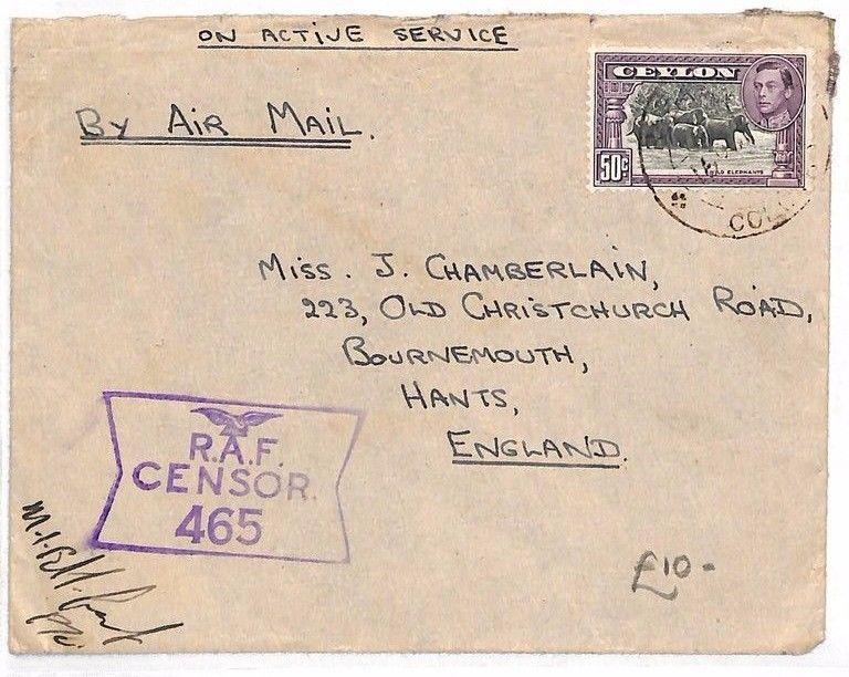 AK76 c1945 Ceylon Hampshire GB RAF On Active Service Cover