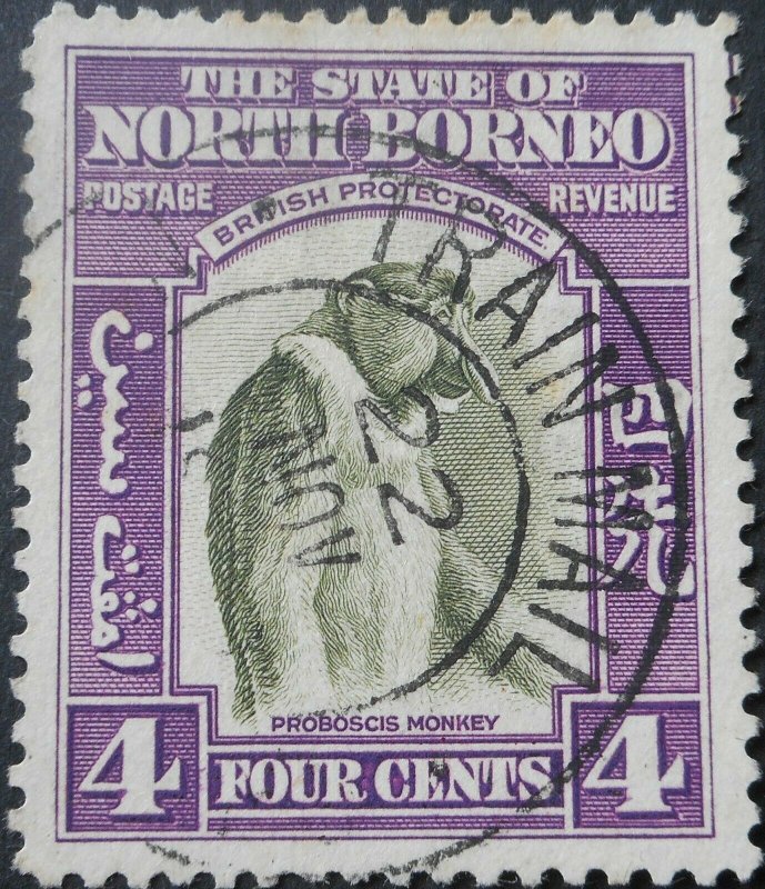 North Borneo 1939 Four Cents with a TRAIN MAIL postmark