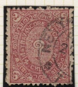 India: Travancore 13 (used) 6ca conch shell, red brn (1910)