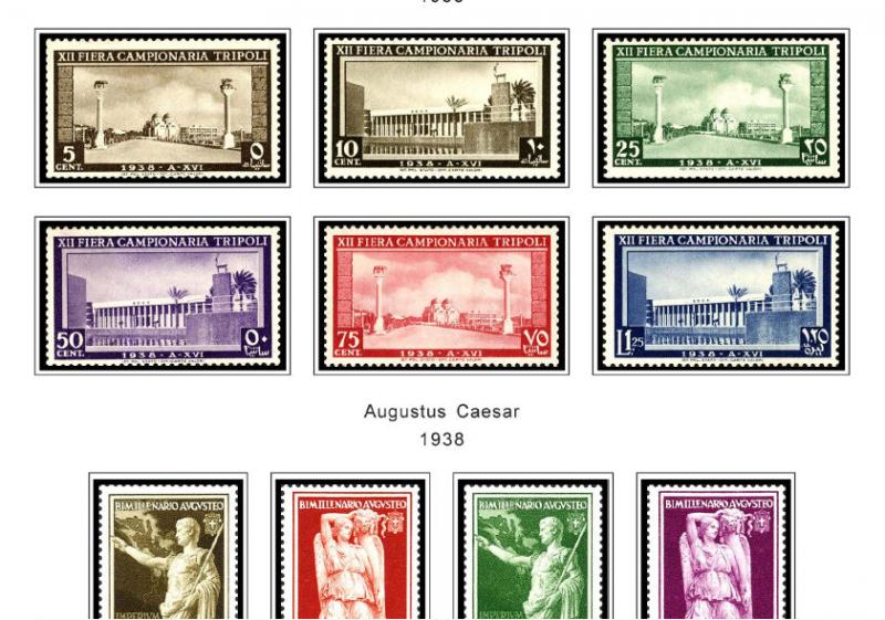 COLOR PRINTED ITALIAN LIBYA 1912-1942 STAMP ALBUM PAGES (24 illustrated pages)