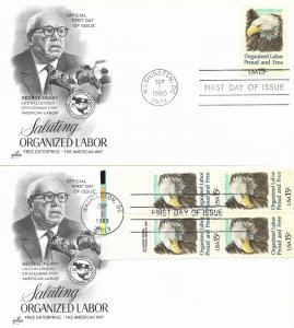 1980 FDC, #1831, 15c Organized Labor, Art Craft - single/block of 4