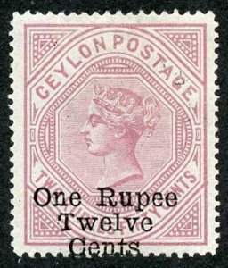 CEYLON SG176 1885 1r 12 on 2r 50 dull rose perf 12.5 x 14 type 24 local surch