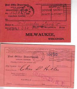 US - Two Registry Return Receipt Cards.