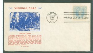 US 796 1937 3c virginia dare commemorative on an unaddressed fdc with a grandby cachet, and edge folds