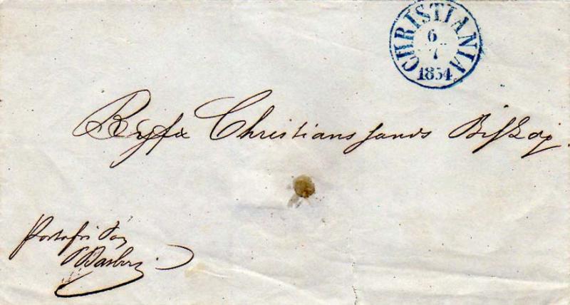 Norway Christiania 1854 blue serifed cds on Stampless Folded Letter Domestic ...