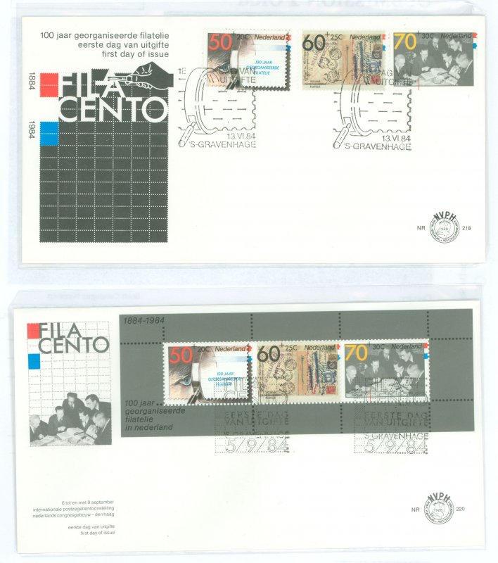 Netherlands B604-B606/B606a 1984 filacento, set of 3 stamps plus souvenir sheet on two unaddressed, cacheted fd covers