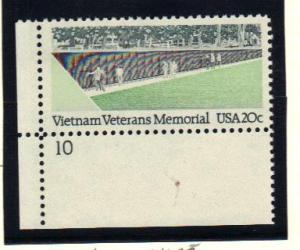 #2109 MNH plate # single 20c Vietnam Memorial 1984 Issue