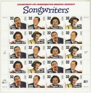 1996 U.S 32¢ Legends Songwriters complete sheet of twenty MNH Sc# 3100 / 3103