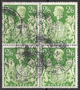 Great Britain Scott 249A Used 2/6 KGVI Issue of 1942, Block of Four, MGM Perfin