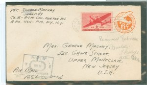 US C25B Airmail 6c on 6c envelope, US Army postal Service to New Jersey. Note the straight edges at left, bottom and right for t