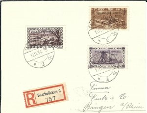 SAAR to Bringen-Rhein, Germany 1934 Registered. Mi #187, 189 &193 (48222)
