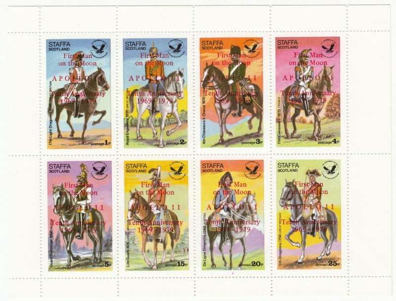 Cinderellas; Staffa, Scotland, MNH Cavalry Sheetlet, 8 Vals, 1979 Apollo 11 Ovpt