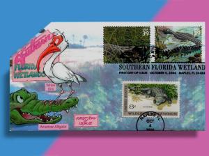 Two Alligators and Crocodile Lie in Wait on Southern Florida Wetlands Pop-Up FDC