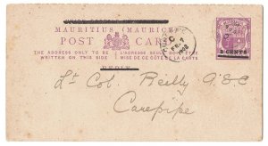 Mauritius 1902 2c on 3c reply card, 'reply' obliterated by ovpt (shortage of p