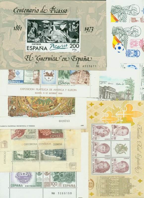 SPAIN, GROUP OF 10 SOUV. SHEETS INCL. GUERNICA, ROYAL FAM, SOCCER CUP. MNH. VF.