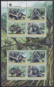 XG-AM093 CENTRAL AFRICAN - Wwf, 2012 Wild Animals, Chimpanzee, 2 Sets MNH Sheet