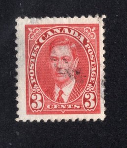 Canada 1937 3c carmine George VI, Scott 233 used, value = 25c